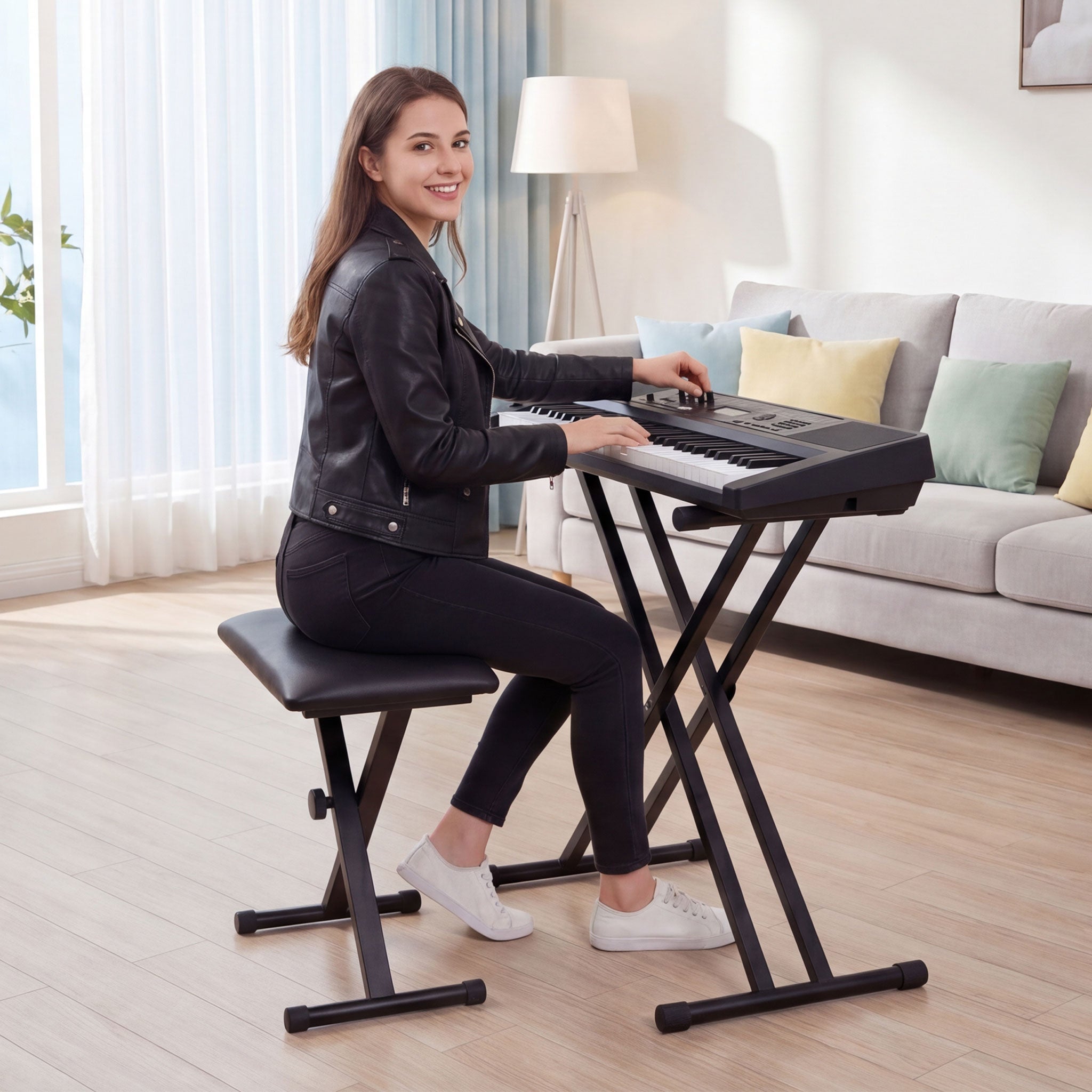 Adjustable X Keyboard Stand & Padded Piano Bench Set