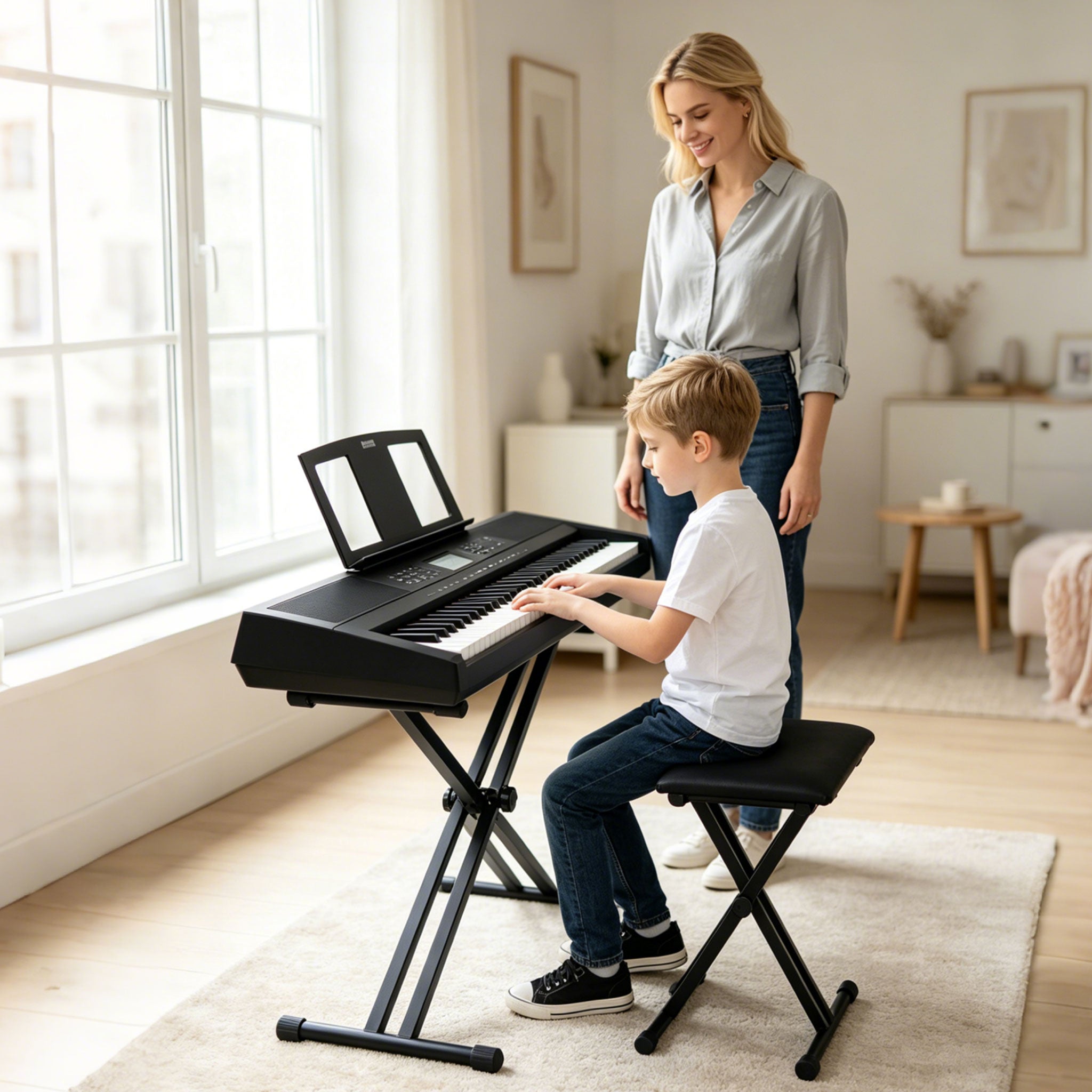Adjustable X Keyboard Stand & Padded Piano Bench Set